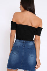 Black Bardot Lace Up Frill Shirred Crop Top - Linsa