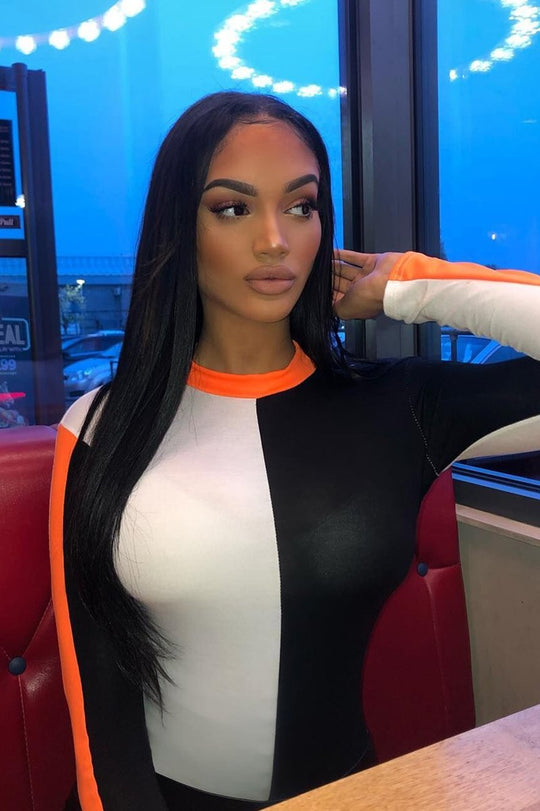 White Black and Neon Orange Contrast Long Sleeved Bodysuit - Lareen