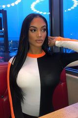 White Black and Neon Orange Contrast Long Sleeved Bodysuit - Lareen