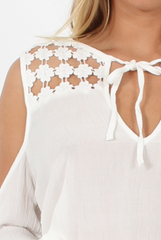 White Crochet Detail Cold Shoulder Top - Lisa