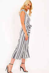 Black And White Stripe Bardot V Dip Jumpsuit - Lisah
