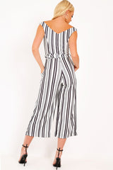 Black And White Stripe Bardot V Dip Jumpsuit - Lisah