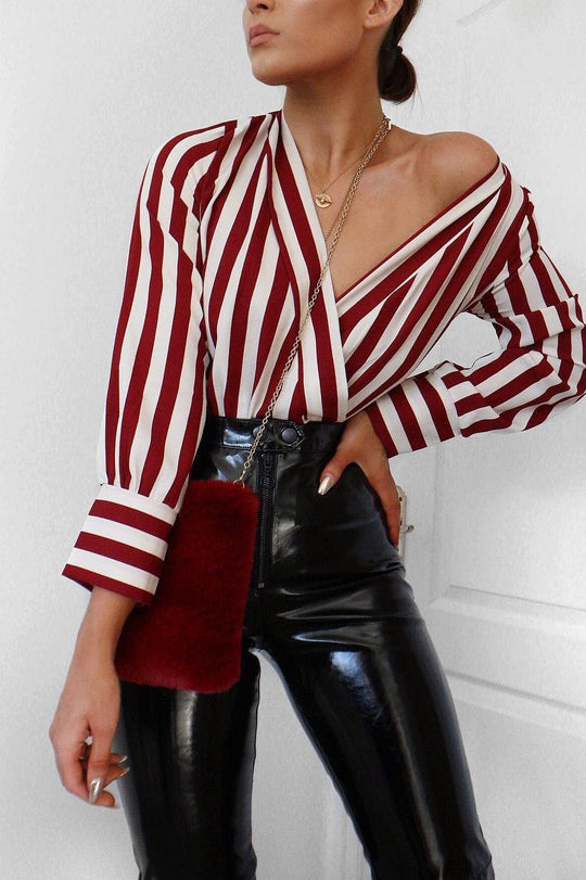 Wine Stripe Plunge Satin Bodysuit - North