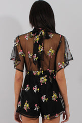 Black Floral Flared Sleeve Mesh Embroidered Plunge Playsuit - Lita