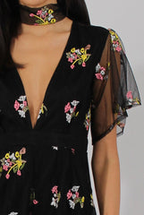 Black Floral Flared Sleeve Mesh Embroidered Plunge Playsuit - Lita