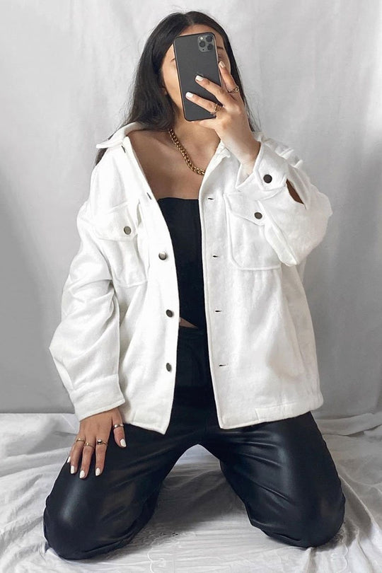 White Pocket Oversized Brushed Shacket - Caley