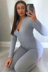 Grey Zip Up Front Full Sleeve Ribbed Jumpsuit - Lola