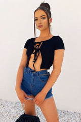 Black Open Tie Front Crop Top - Ozella
