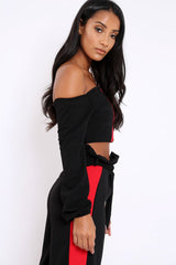 Black With Red Stripe Bardot Crop Top - Livvie