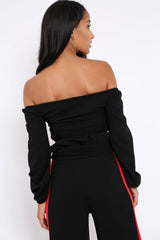 Black With Red Stripe Bardot Crop Top - Livvie