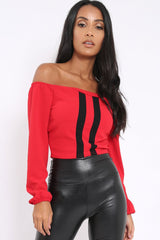 Red With Black Stripe Bardot Crop Top - Livvie