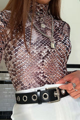 Beige Snake Print Slinky High Neck Bodysuit - Lizabelle