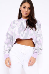 Lilac Cropped Batwing Camo Jumper - Lizy