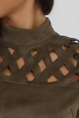 Khaki Cage High Neck Suede Top - Lizzie