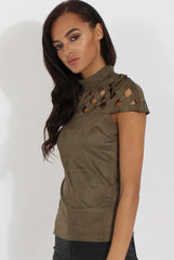 Khaki Cage High Neck Suede Top - Lizzie