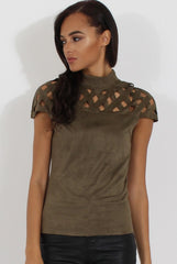 Khaki Cage High Neck Suede Top - Lizzie