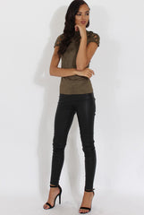 Khaki Cage High Neck Suede Top - Lizzie