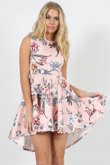 Pink Floral Print Dipped Hem Skater Dress - Lizzie