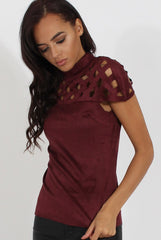 Wine Cage High Neck Suede Top - Lizzie
