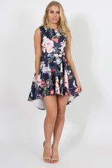 Navy Floral Print Dipped Hem Skater Dress - Lizzie