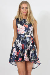 Navy Floral Print Dipped Hem Skater Dress - Lizzie