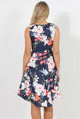 Navy Floral Print Dipped Hem Skater Dress - Lizzie