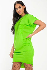 Neon Green Oversized Pocket Front Midi T-Shirt Dress - Whitney