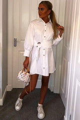 White Resin Belt Gathered Sleeve Shirt Dress - Tawny