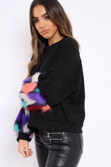 Black Sweatshirt with Multicolour Fur Sleeves - Loise