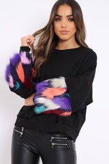 Black Sweatshirt with Multicolour Fur Sleeves - Loise