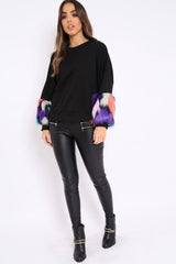 Black Sweatshirt with Multicolour Fur Sleeves - Loise
