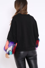 Black Sweatshirt with Multicolour Fur Sleeves - Loise