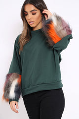 Green Sweatshirt with Multicolour Fur Sleeves - Loise
