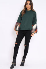 Green Sweatshirt with Multicolour Fur Sleeves - Loise