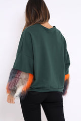 Green Sweatshirt with Multicolour Fur Sleeves - Loise