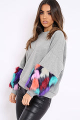 Grey Sweatshirt with Multicolour Fur Sleeves - Loise