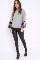 Grey Sweatshirt with Multicolour Fur Sleeves - Loise