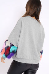 Grey Sweatshirt with Multicolour Fur Sleeves - Loise