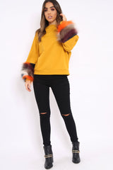Mustard Sweatshirt with Multicolour Fur Sleeves - Loise
