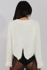 White Split Back Cropped Fluffy Jumper - Laura