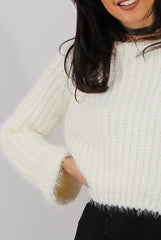 White Split Back Cropped Fluffy Jumper - Laura
