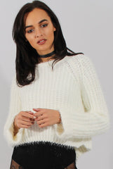 White Split Back Cropped Fluffy Jumper - Laura