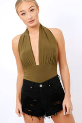 Khaki plunge Halterneck Bodysuit - Lona