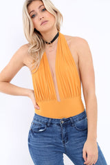 Mustard Plunge Halterneck Bodysuit - Lona