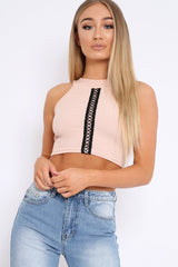 Nude Embroidered Lace Up Crop Top - Loree