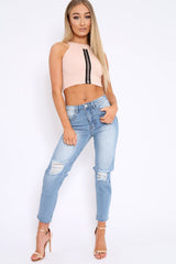 Nude Embroidered Lace Up Crop Top - Loree