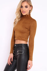 Tan Suedette Top with High Frill Neck - Lorelai