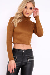 Tan Suedette Top with High Frill Neck - Lorelai