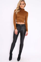 Tan Suedette Top with High Frill Neck - Lorelai