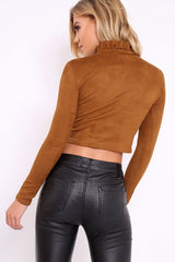 Tan Suedette Top with High Frill Neck - Lorelai